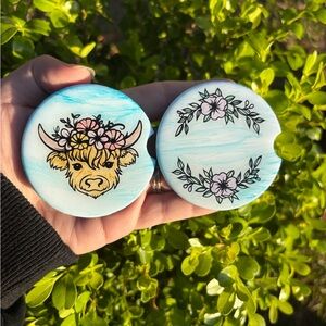 Blue Highland Cow & Floral Car Coaster Set of 2